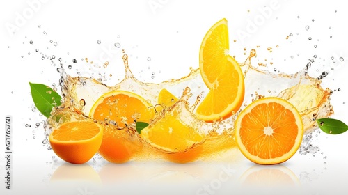Fresh orange juice splash out isolated on white background. AI generated image