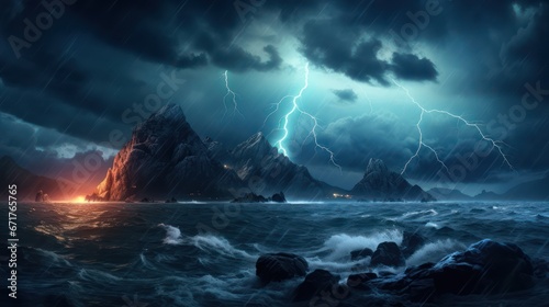 Night sea dramatic landscape with a storm. Night storm on the ocean. Gloomy giant waves and lightning. Dark cloudy sky above the water © Terablete