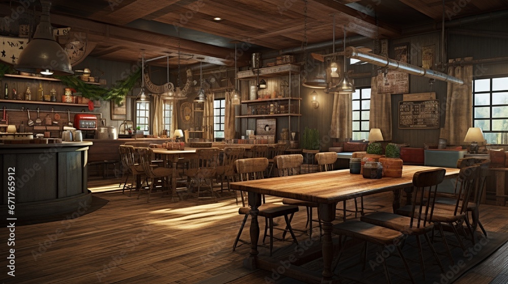 A rustic-themed cafeteria featuring wooden tables, cozy booths, and a chalkboard menu displaying daily specials.