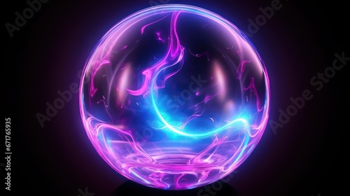 Magic glass ball. Neon light, neon. Fantasy ball, predictions of the future, divination