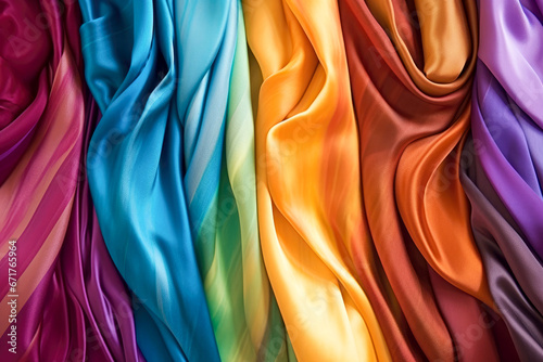abstract background of multicolored wavy silk fabric closeup