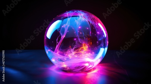 Magic glass ball. Neon light, neon. Fantasy ball, predictions of the future, divination