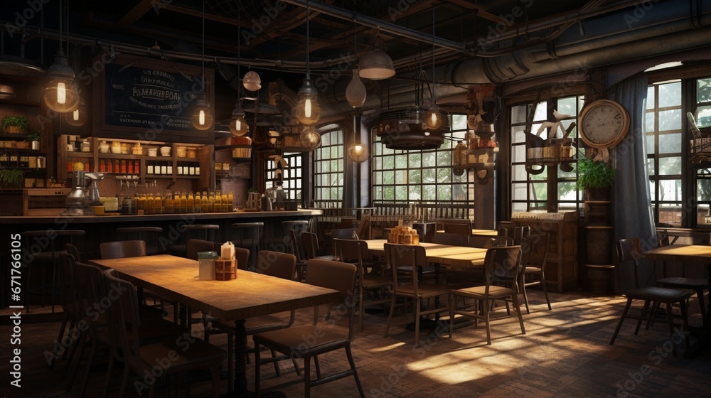 A rustic-themed cafeteria featuring wooden tables, cozy booths, and a chalkboard menu displaying daily specials. A rustic-themed cafeteria featuring wooden tables, cozy booths, and a chalkboard menu displaying daily specials.