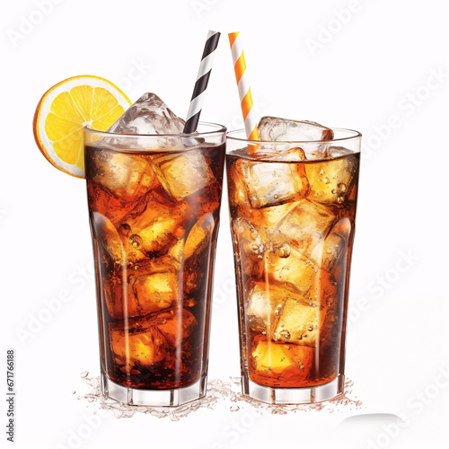 Glasses of cola and orange soda drink and lemonade sparkling water on white background with ice cubes lemons and lime bits photo