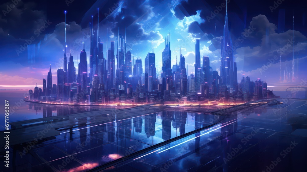 Neon night city of the future. Night panorama of the city, neon light, lights of a large metropolis, high-rise buildings. 3D illustration