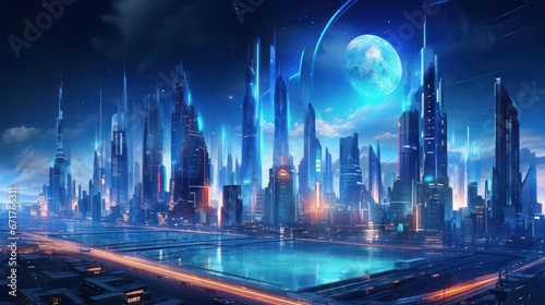 Neon night city of the future. Night panorama of the city, neon light, lights of a large metropolis, high-rise buildings. 3D illustration