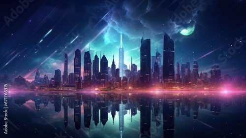 Neon night city of the future. Night panorama of the city, neon light, lights of a large metropolis, high-rise buildings. 3D illustration © Terablete