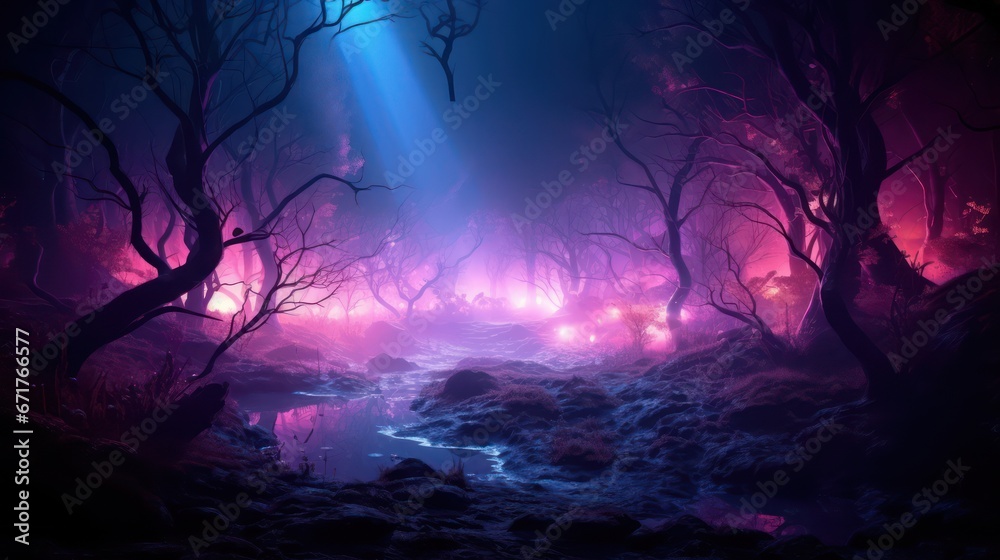 Night magical fantasy forest. Forest landscape, neon, magical lights in the forest. Fairy-tale atmosphere, fog in the forest, silhouettes of trees
