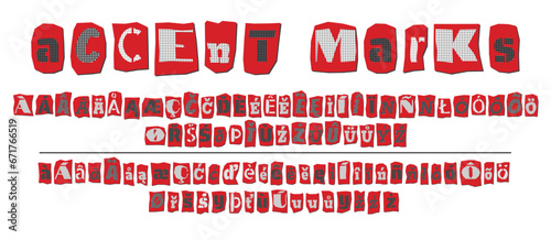 Ransom halftone collage style letters numbers and punctuation marks cut from newspapers and magazines. Vintage ABC collection. Red, black and white alphabet Typography vector illustration
