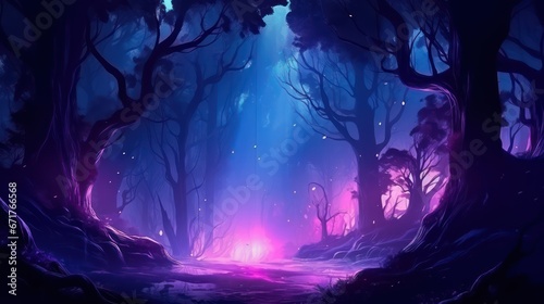 Night magical fantasy forest. Forest landscape, neon, magical lights in the forest. Fairy-tale atmosphere, fog in the forest, silhouettes of trees