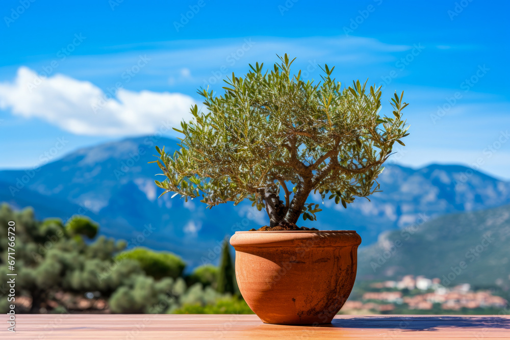 Olive tree in a pot on the terrace with mountains in the background Olive tree in a pot on the terrace with mountains in the background