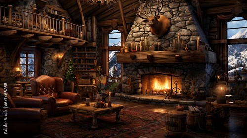 A rustic mountain cabin with a roaring fireplace, log furniture, and hunting trophies adorning the walls.