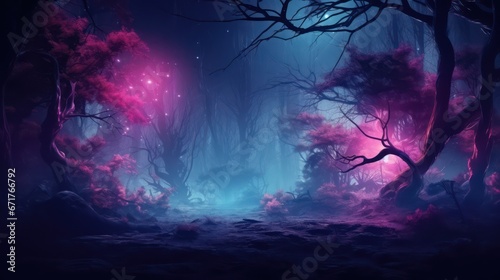 Night magical fantasy forest. Forest landscape, neon, magical lights in the forest. Fairy-tale atmosphere, fog in the forest, silhouettes of trees