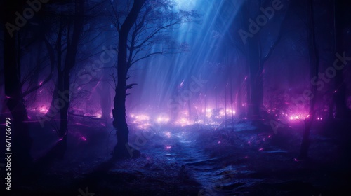 Night magical fantasy forest. Forest landscape, neon, magical lights in the forest. Fairy-tale atmosphere, fog in the forest, silhouettes of trees © Terablete