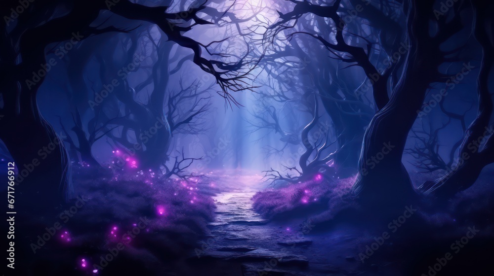 Fototapeta premium Night magical fantasy forest. Forest landscape, neon, magical lights in the forest. Fairy-tale atmosphere, fog in the forest, silhouettes of trees