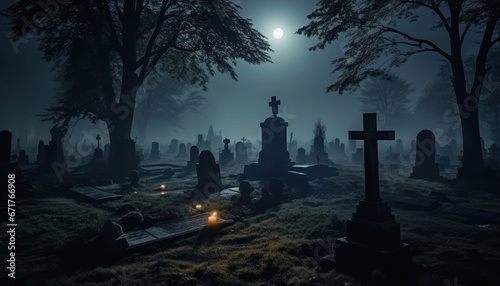 Photo of a Serene Nighttime Scene in a Graveyard Under the Illumination of a Full Moon