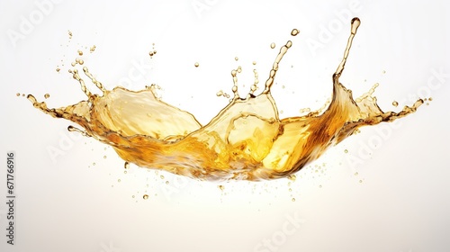 Close up yellow liquid water splash on white background. AI generated image