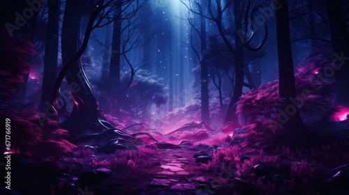 Night magical fantasy forest. Forest landscape, neon, magical lights in the forest. Fairy-tale atmosphere, fog in the forest, silhouettes of trees © Terablete
