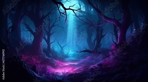 Night magical fantasy forest. Forest landscape  neon  magical lights in the forest. Fairy-tale atmosphere  fog in the forest  silhouettes of trees