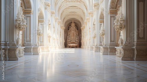 An impressive, marble-walled hallway with a high ceiling
