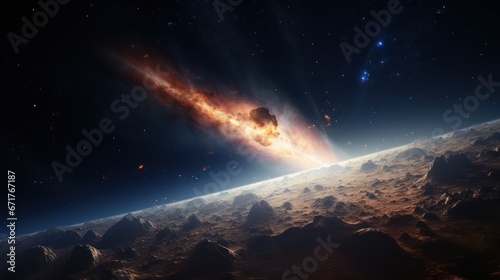 passing comet entering the atmosphere of planet earth  cinematic style