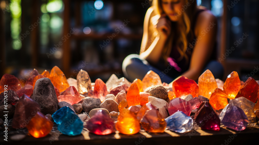 Harmonizing multicolor chakra crystals arranged in background.