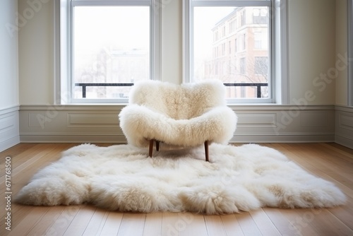 A cozy place near the window. Chair with fur. Modern minimalist room design.