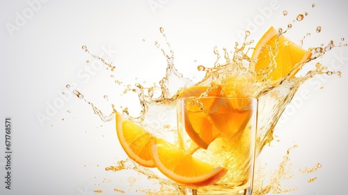 Fresh orange juice splash out the glass isolated on white background. AI generated