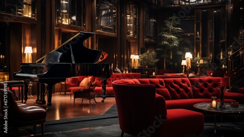 A swanky jazz club interior, characterized by dim lighting, velvet upholstery, and a grand piano.