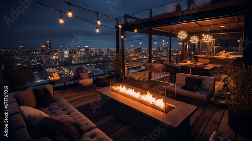 A swanky rooftop bar boasting panoramic city views, cozy fire pits, and an array of signature cocktails. photo