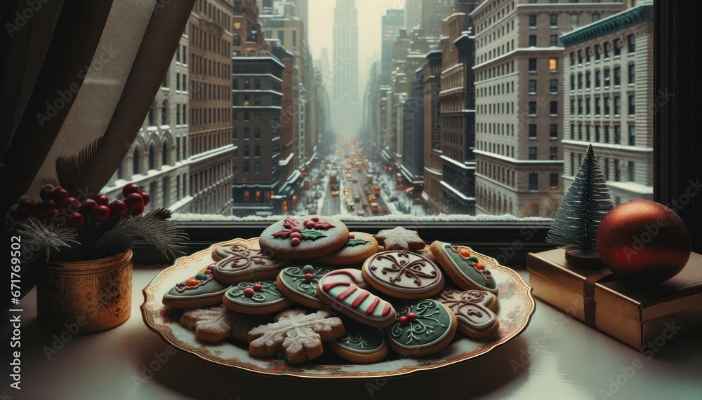 Muted color photograph of a selection of Christmas cookies, delicately positioned on an ornate plate near a window. The backdrop reveals a snowy New York scene. - obrazy, fototapety, plakaty 