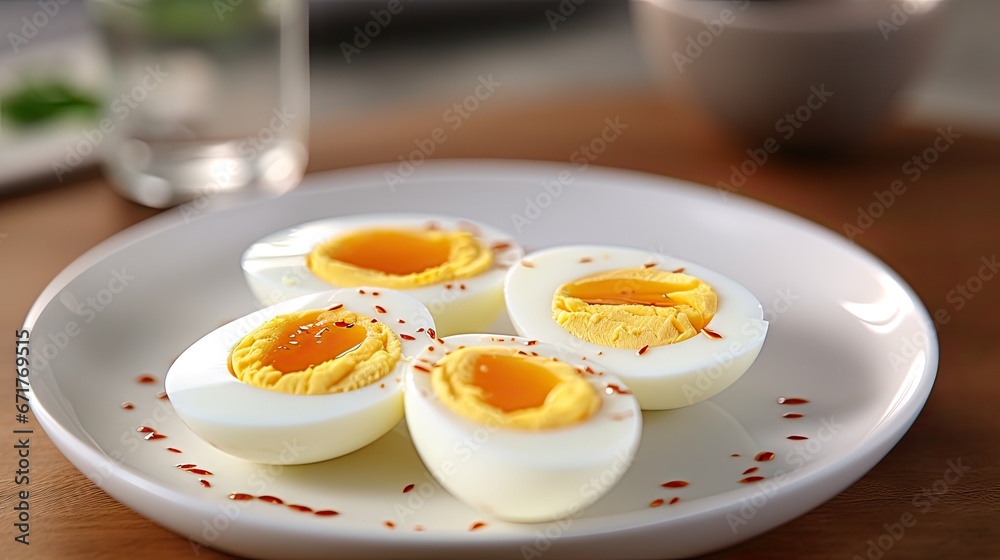 four hard boiled eggs on a white plate on a wooden table with a glass of water in the back ground. generative ai four hard boiled eggs on a white plate on a wooden table with a glass of water in the back ground. generative ai