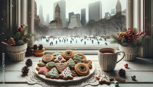  array of festive cookies, neatly arranged on a lace doily next to a warm mug of tea. The window beside showcases a New York winter wonderland with ice skaters gliding in Park.