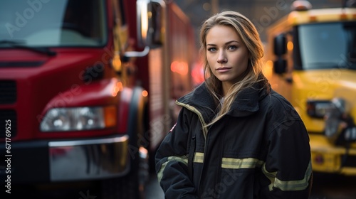 Fire fighter woman standing in front of a fire truck at night after working. AI generated © orendesain99