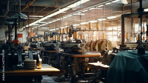 A textile factory filled with rows of industrial sewing machines, large rolls of fabric, and workers busily engaged.