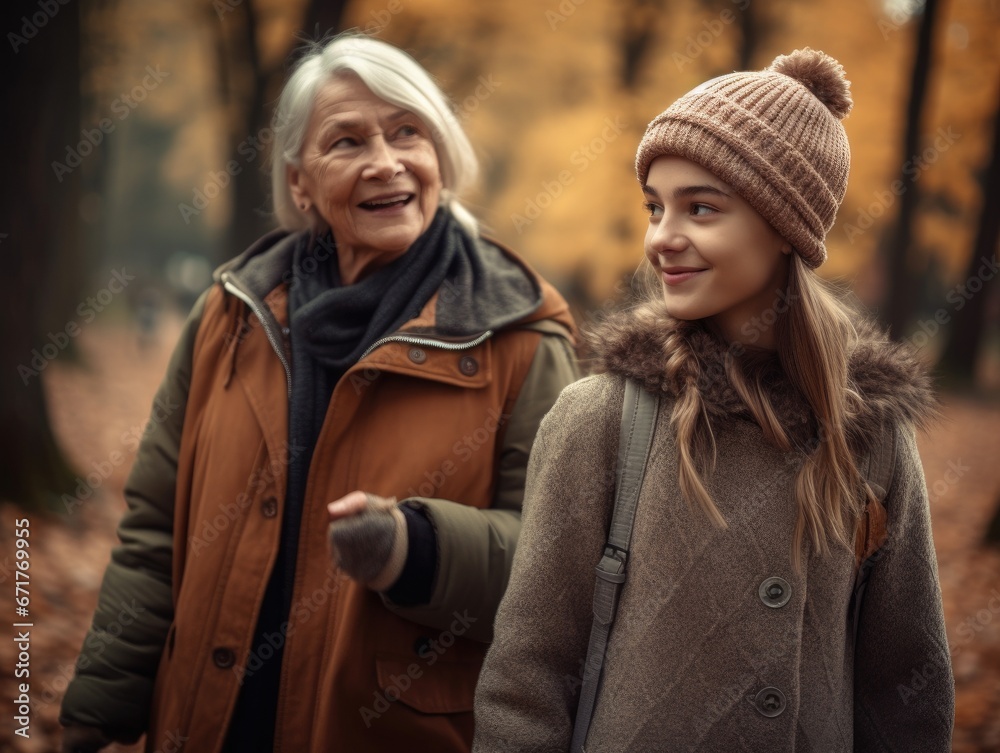 Older woman and a young girl walking in an autumn park.