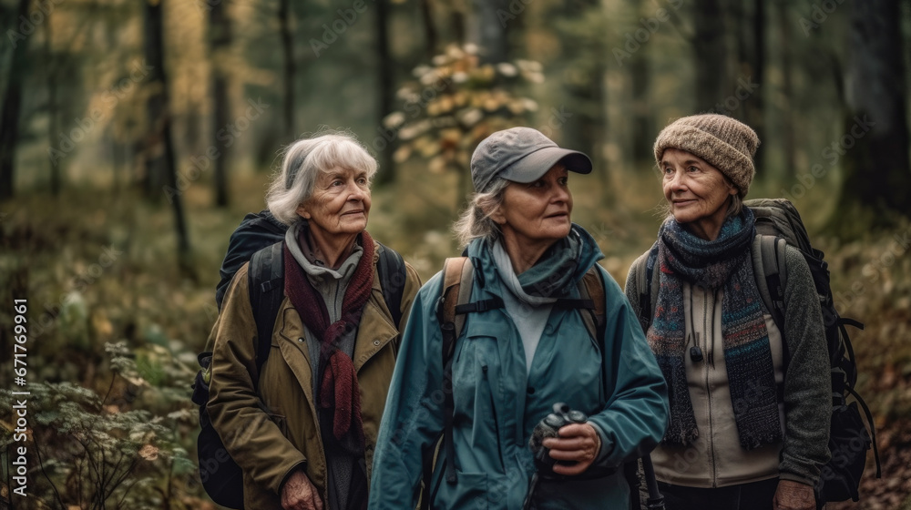 Three older women walking in the woods.