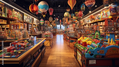 A toy store brimming with brightly colored playthings, stuffed animals, and towering shelves of board games. photo