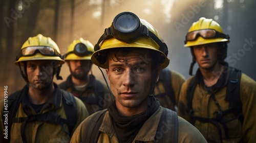 Firefighters take a group photo after extinguishing a forest fire. AI generated image