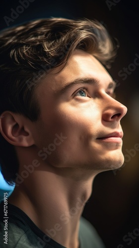 Close up of a young man looking up.