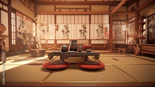 A traditional Japanese tea room adorned with tatami mats, a low table, and intricate tea ceremony utensils.