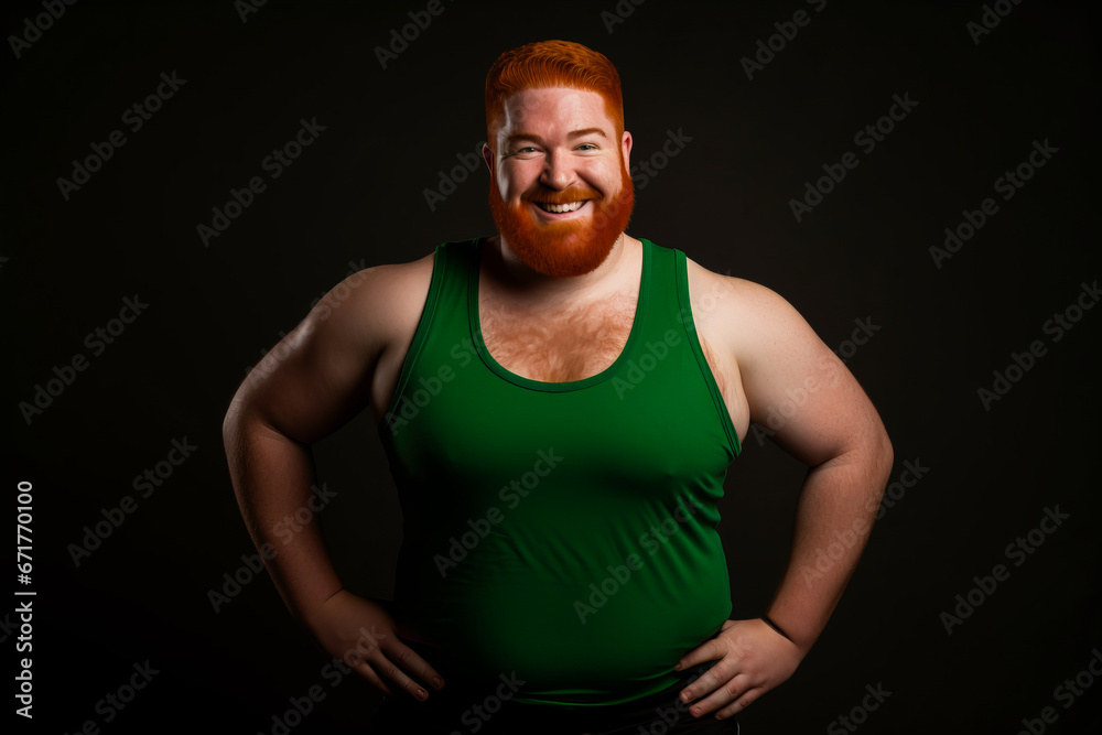 Irish redhead in green tank top, welcoming stance Irish redhead in green tank top, welcoming stance