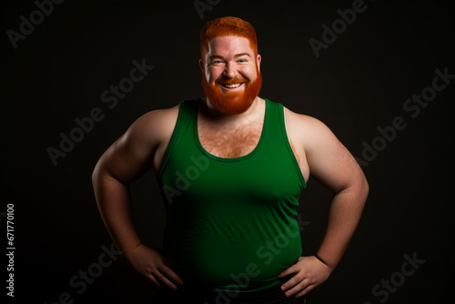 Irish redhead in green tank top, welcoming stance
