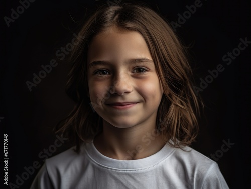 Young girl in a white t-shirt is smiling in front of a black background.