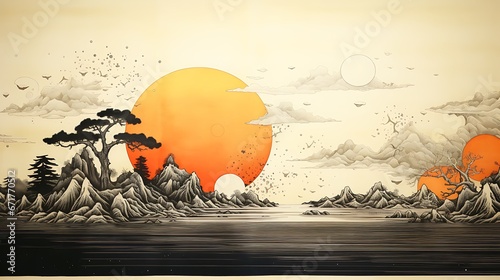 sun or moon horizon drawing, japanese style
