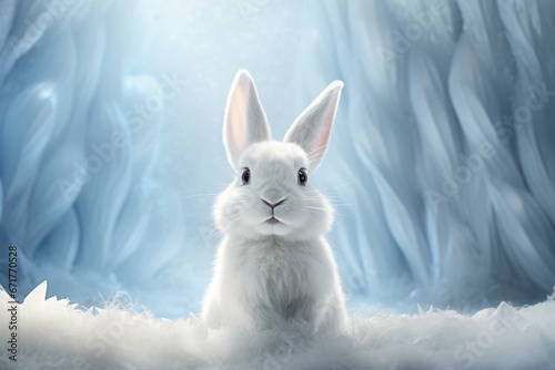 white bunny on backdrop, animated. Generative AI © Safi