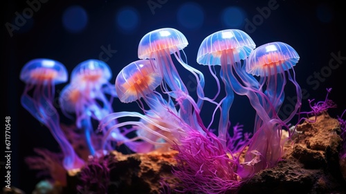  a group of jellyfish sitting on top of a lush green seaweed covered in purple and red algaes.  generative ai © Anna