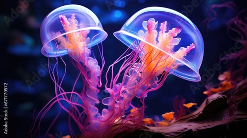  a close up of two jellyfish in a tank with blue and pink lights in the background and a black background. generative ai