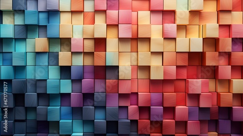 Colorful wooden blocks aligned. Wide format. Hand edited generative