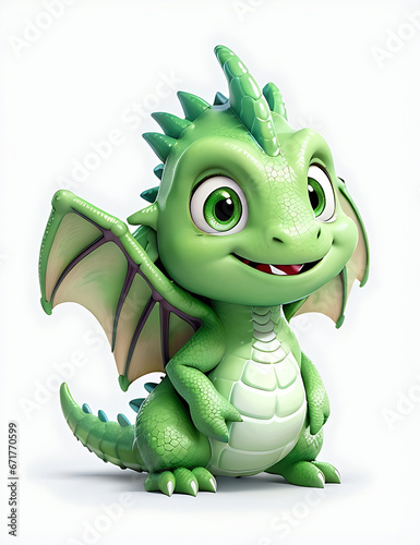 white background, Super cute cartoon earthy green dragon, friendly, with big eyes and a charming smile, cartoon style, illustration © mhpoint